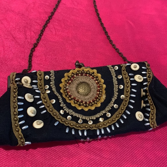 Black and Tan beaded small fabric evening bag. Cold water Creek. 4” x 8”. - Picture 2 of 7